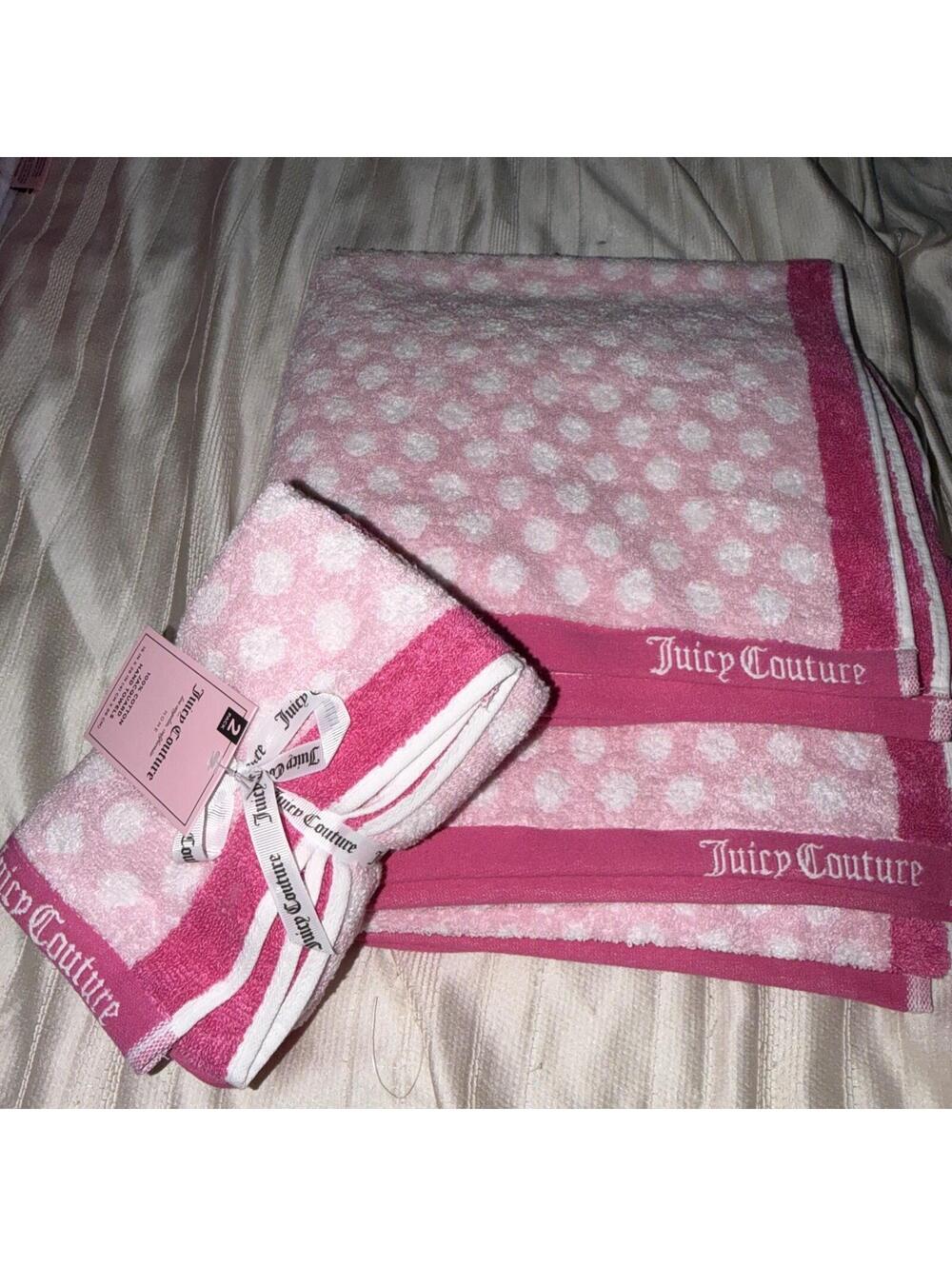 Juicy Couture Pink Polka Dot Bath Towel Set 4PC Home Collection NWT